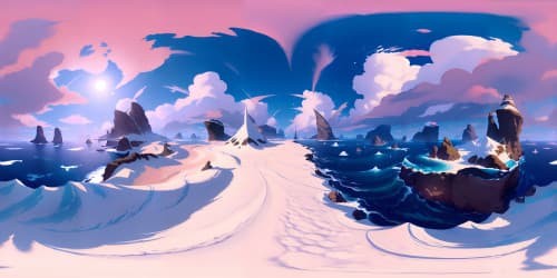 Masterpiece VR360, ultra-high-res, lost at sea perspective. Raft, expansive blue ocean, VR360 clear sky. Fluffy white clouds, sinking sun at horizon line.