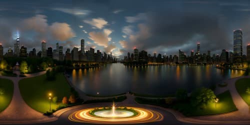 Ultra high res VR360 view, mesmerizing night scene, New York City skyline masterpiece, Central Park, Riverside, illuminated structures, twinkling city lights. Diverse skyscraper design, Central Park's lush greenery in moonlight, calm riverside vista. VR360, Pixar-style animation, detailed, refined strokes.