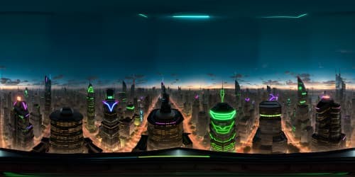 Ultra high-res VR360, cybercity sprawled beneath, flying cars dotting neon skyline. Futuristic skyscrapers, glimmering digital billboards. Masterpiece styling, glossy surfaces, sleek forms, vibrant neon palette. VR360 hyper-detailed textures, intricate, polished.