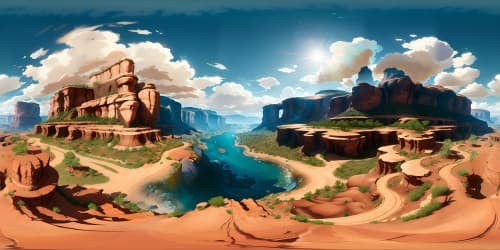 Masterpiece quality, ultra high-resolution VR360 panorama, Westworld-inspired interactive landscape. Mix of fantasy and digital painting style. Dusty canyons, rusty android remnants, old-west town facades. Simultaneously desolate, nostalgic VR360 view. 