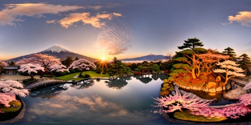 Vibrant and intricate Japanese garden, blooming cherry blossoms in full splendor, tranquil koi pond, distant misty mountains, crystal-clear reflection pool, golden hour sunlight casting a gentle glow, highly detailed, ultra high resolution perfection.