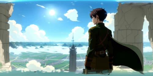 Masterpiece, ultra-high-res VR360, Attack on Titan-inspired uniforms, Soldiers atop building, High detail vertical maneuvering gear, Dark green cloaked figures with Survey Corps emblem at back. Both hands gripping long knives.