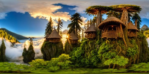 Nestled amidst towering ancient trees, a flawless Ewok village emerges, intricately woven huts suspended delicately in the lush foliage, while Leia prepares for a sacred ceremony in the softly glowing morning light, captured in ultra-high resolution, evoking a sense of magic and wonder.