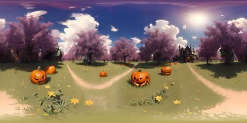 Ultra high-res VR360, sprawling Halloween aesthetic in yard, pumpkin patches, old twisted trees, haunted mansion silhouette. VR360 experience, fantasy-style orated, moonlit sky, swirling clouds, eerie bats. Masterpiece-quality visuals.