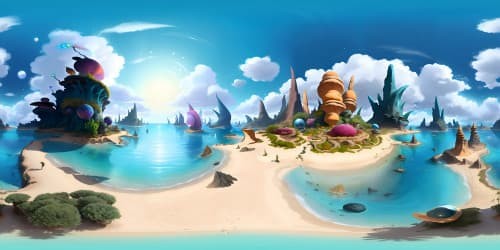 Masterpiece, ultra high resolution VR360, alien planet seascape. Dolphin-like forms, otherworldly terrain. Exotic aquatic VR360 flora, fantasy-sci-fi surreal mix. High-definition detail, deep-sea exploration.