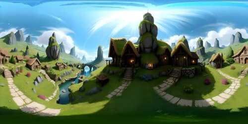 Masterpiece-level VR360 Shire, ultra high-res hobbit holes amidst lush greens. Vibrant fantasy style, magical Gandalf-like fireworks lighting VR360 sky. Enchanting, top-notch quality.