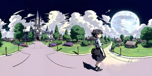 Lucy Loud character, Loud House universe, ultra-high res, masterpiece quality. Noir-style cityscape, Gothic architecture, full moonlit skies, scattered dark clouds, gloomy aura. Stylized VR360 portrayal, digital painting technique.