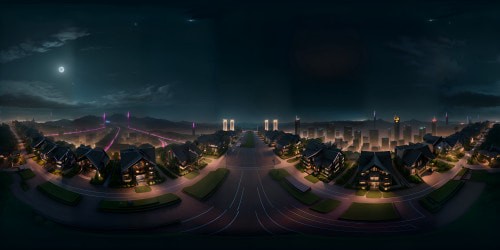 VR360 nightfall panorama, moonlit hills encapsulating distant city. Ultra-high res city skyline, reflecting lights, opulent contrast with darkened surroundings. Artistic masterpiece style, meticulous detailing. Enchanting VR360 starlit vista, elevating richness. Superb, polished, illuminated city nestled in hills.