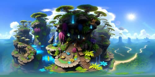 Avatar-inspired, Pandora jungle, bioluminescent flora, floating mountains, cascade waterfalls. VR360 masterpiece, ultra high-res, top-tier quality. Ethereal creatures, mystical ambiances. VR360 artistry, digital painting finesse.