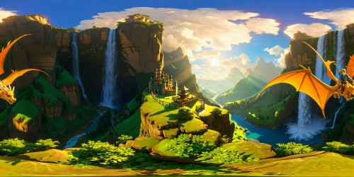 A breathtaking aerial view, soaring atop the majestic back of a shimmering dragon, flying through a vibrant, fantastical realm of cascading waterfalls, lush forests, and towering mountains, bathed in the golden rays of a flawless, sunlit sky.