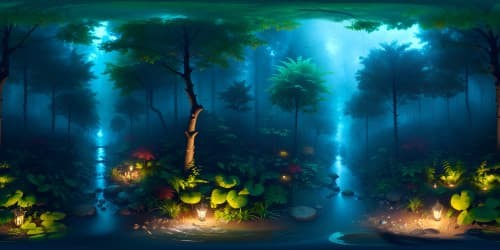 Ultra high-resolution VR360 masterpiece, nocturnal forest by a murmuring stream. Torrential rainfall intensifying the lushness. Striking contrast between deep, shadowy greens and sparkling raindrops. Dynamic interplay of light effects, the damp, vibrant foliage in Pixar-like realism.