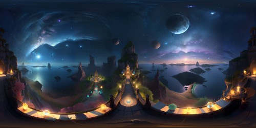 1. VR360 scene, skyscape, opalescent sunset, swirling pastel clouds, glowing horizon line, crystal-clear, ultra-high resolution, masterpiece in realist style.
2. VR360 panorama, night sky, Milky Way, myriad stars, ultra-high res, remarkable clarity, digital painting style.
3. VR360 vista, moonlit ocean, mirror-like water surface, masterpiece, ultra-high res, detailed