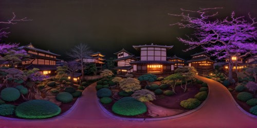 Expansively panoramic Edo period Japenese garden at night, with cozy warm toned glowy lighting. Emaculately detailed landscaping. Deep warm toned color palette, with deep reds, magentas,browns, deep orange-yellow tones. Warm feverish aesthetic.