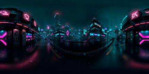 Cyberpunk cityscape, neon billboard glow, towering megascrapers, intricate network of skybridges. Anime-style VR360 view, richly textured, dynamic light reflections on metallic surfaces. Hyper-realistic, ultra-high resolution, saturated colors for optimal VR360 experience. Cybernetic masterclass.