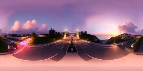 Cars on the seaside highway (orange and pink sky)