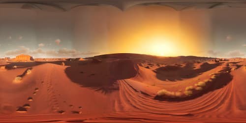 Masterpiece VR360, ultra high-res post-nuclear desert. Windswept dunes, remnants of lost civilization, VR360 evening view. Fading obscurity, soft echoes of departed eras. Orange smoggy sky, post-apocalyptic scene.