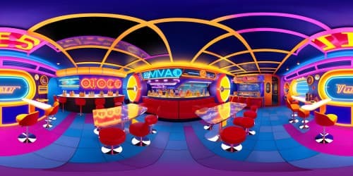 Ultra-high res VR360, retro-style diner, chrome fittings, bar stools, neon jukebox. Pixar-style, vibrant colors, detailed textures. Inviting VR360, classic Americana, in full panoramic view.