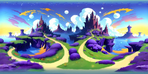 Ultra-high-resolution VR360, masterful artstyle, Beagles and Schnauzers stylized, abstract shapes, vibrant colors, whimsical cartoonish charm. Floating bones motif, endless grassy plain, scattered dog toys, immersive VR360 sky dotted with fluffy clouds.