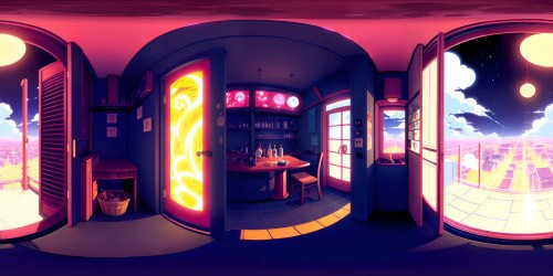 VR360, midnight bar setting, gleaming neon glows, ultra-high-resolution textures. Megumi Fushiguro, Itachi Uchiha figures in masterpiece quality, sharp contrasts, dynamic shadows. Anime-style, intense saturation, vibrant color scheme. VR360, focusing on expansive night sky view, minimal bar outline.