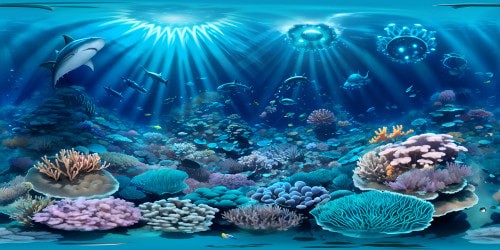 VR360 ultra-high res panorama underwater world, sharks weaving through neon coral cliffs. Bioluminescent marine life, transparent jellyfish fields, painterly Pixar-style. Suspended in VR360, immersive depth perception, shattered sunlight waves, the ocean surface ripple effect.