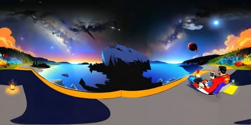 Superman relaxing lakeside watching a meteor shower smoking from a huge red bong.