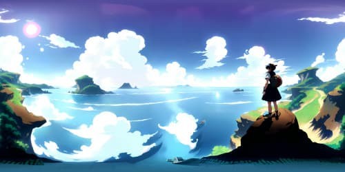 Masterpiece quality, ultra-high resolution, One Piece inspired VR360, vivid colors, exaggerated proportions, dramatic sky, floating pirate ships, sea of clouds, celestial compass, One Piece flag starscape, epic sunset glow.