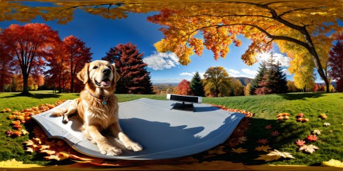 A golden retriever basking in the sunlit park, its glossy fur gleaming, surrounded by vibrant autumn leaves swirling elegantly, each meticulous detail capturing a flawless masterpiece in ultra-high resolution.