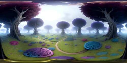 Ultra high-res VR360 scene, nightmare fairytale forest, twisted, gnarled trees, misty darkness. Grand-scale bone monster presence, chilling aura. Fantasy art style, macabre, muted hues with sharp contrasts. Unsettling bone-white elements, detailed to perfection. Terrifying, fairytale-inspired VR360 view.