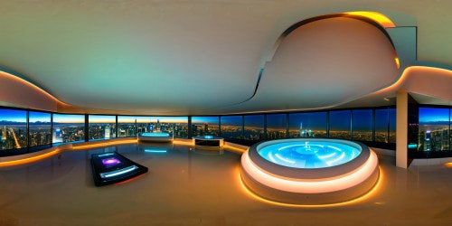 An immaculate futuristic cyberpunk bedroom, aglow with neon accents, sleek chrome surfaces, holographic displays, and embedded LED lights, offering sprawling cityscape views through towering floor-to-ceiling windows, exuding a vibrant cyber energy in perfect ultra HD clarity.