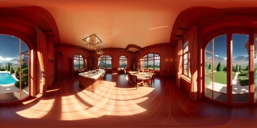 The great room of a large mansion with expensive large windows that look out on a mountain landscape