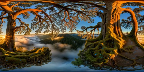 An enchanting, ethereal forest blanketed in shimmering dewdrops, luminous mushrooms casting an otherworldly glow, intricate spiderwebs adorned with glistening morning dew, colossal ancient oak trees reaching towards a crystal clear azure sky, a masterful display of nature in ultra high resolution, a true visual masterpiece.