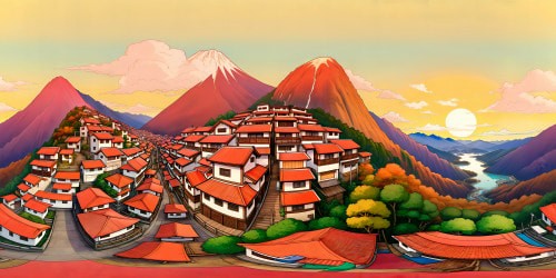 A flawless, ultra-high-resolution rendering of Naruto's village, Konoha, featuring layered rooftops in warm hues, colossal Hokage faces etched into mountains, and a VR360 experience with sprawling leaf-strewn pathways. This masterpiece art-style, reminiscent of anime, boasts a vivid color palette tailored for an enchanting VR360 panorama.