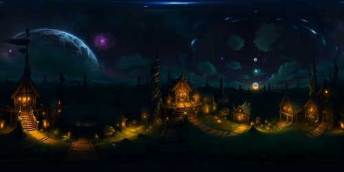 HDR-enhanced night sky, star-strewn inky black. Flickering torchlight on rustic cabin, dense mystical forest. Ultra-high-res VR360, masterpiece-quality. Immersive woodland VR360, shadow-infused, masterpiece flair.