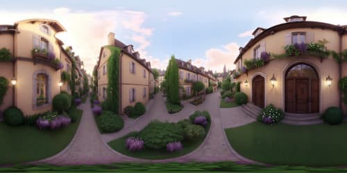 Masterpiece of ultra high-res, sunlit French town, cobblestone streets, ornate ironwork, flower-laden balconies, stone fountains, gentle drapery of wisteria. Provincial charm, VR360 view. Pixar-style animation, delicate lighting, intricate details. Transcendental, VR360 immersion in serene beauty.