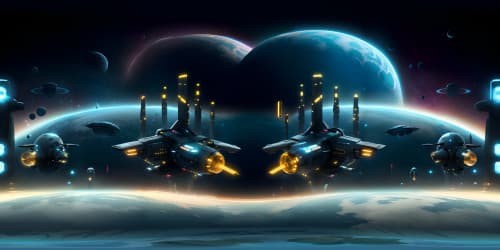 Ultra high-resolution VR360, scifi masterpiece vista. Distant alien cities, sleek chrome structures amidst starlit background. Futuristic, glowing energy cores, hovering spacecrafts. Style: pixel perfect digital painting.