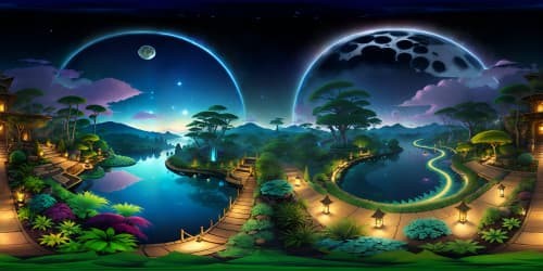 Ultra high-res, detailed, Pixar-style, Zen night atmosphere, stone garden foreground, bamboo silhouettes bordering scene. VR360 star-lit sky, Milky Way vibrant, dominating. Moon's reflection on tranquil pond, offering luminous highlight. Perfect VR360 masterpiece, starry panorama.
