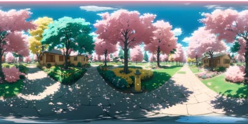 Ultra high-resolution VR360, masterpiece quality, expansive view, oversized pink trees, black leaves interspersed, monotone ground, shades of dull colors, occasional vibrant splashes. Artistic style: Simple abstract, minimalist landscape design.