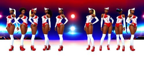 four african american women_wearing white and red leotards and thigh high boots_
