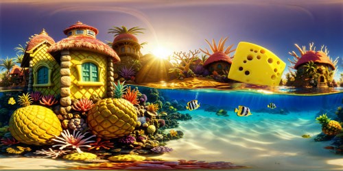 Immersive underwater world from "Bob l'eponge" (SpongeBob) with vibrant coral reefs, sparkling sun rays, vivid sea creatures, intricate pineapple house, and bustling Bikini Bottom, fully detailed and captivating in 8K resolution.