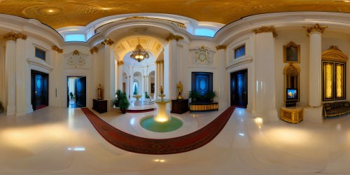 Ultra high-res masterpiece, Tony Montana's Scarface mansion, opulent parlor entryway, immaculate white fountain, gold-rimmed, grand VR360 view. Sparkling white marble, love seat for royal viewing, poised for big screen spectacle. Greek god sculptures, white marble elegance, strategically dispersed, grandeur amplified. VR360 luxury, Pixar-style extravagance magnified, omnipresent royal appeal.