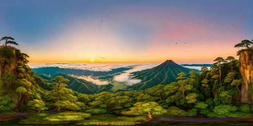 looking out through a gap in the densely forested hills of Japan. 3rd story height, just above ground level. Lightly shrouded in patches of mist, at dawn. The sun filters soft pink and yellow light through the air. Birds can be seen flying in the distance. Calm, uplifting atmostphere.