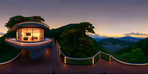 view from the balcony of an ultra futuristic Edo-modern inspired home on a densely forested hill of Japan, at dusk. other ultra futuristic luxury Edo-modern homes can be seen nestled among the hills in the foreground and in the distace, the warm light from the glowing like candles. Tranquil, uplifting atmostphere.