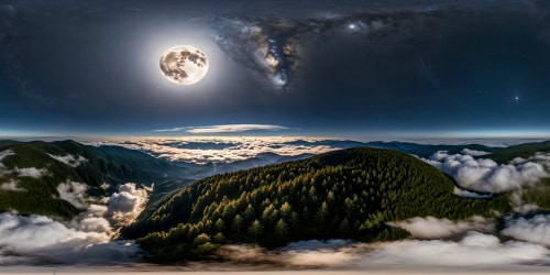 A breathtaking, immaculate nocturnal view of a majestic forest beneath a flawless star-filled sky, magnificently lit by the colossal moon in outstanding ultra-high resolution.