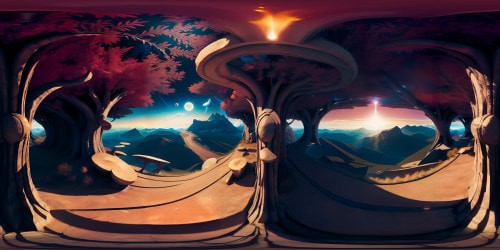 Celtic symbol in motion, high-resolution VR360, mushroom centerpiece, transformation from 2D to 3D. Below a symbolic serpent, edge of scales in VR360 view, serpent's eye contact. Hieroglyphic object below, morphing hand texture. Landscape transitions; deserts, forests, mountains. Final transformation into an eagle. Superlative quality, masterpiece-style detailing. Conveys ultra-high resolution.