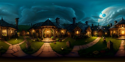 Hobbit house nestled in charm-filled borough, VR360 view filled with round wooden doors, stone pathways, lush greenery. Style: high-res, masterpiece, best-quality, rich textures, enchanting details. Mind-blowing VR360 immersion in a fantasy realm.