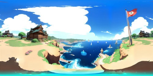 One Piece-inspired VR360 universe, lavish pirate ships, grandiose flag waving, age-old treasure chests, vast, turbulent sea, brilliant sunset hues. Style: anime, ultra high-res, sharp, colorful detailing, crisp textures. Immersive VR360 panorama, a masterpiece of Japanese animation artistry.