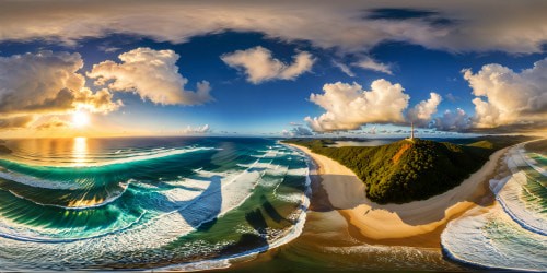 A pristine, flawless tropical beach with colossal glassy waves perfect for surfing, crystal-clear azure waters reflecting radiant golden sunlight off towering crests, an immersive, highly detailed masterpiece captured in ultra high resolution.