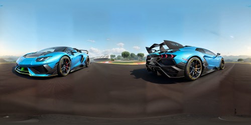 Lamborghini-themed VR360 masterpiece, ultra-high res, sleek black Lamborghini textures, VR360 3D, dynamic reflections, realistic lighting, grandstand POV, digital art style, emphasis on sheen and polish.