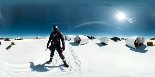 one man in a huge white hood and dark pants and boots. holding a mini knife in hand