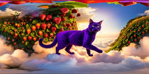 A surreal digital artwork featuring a majestic purple feline with iridescent fur frolicking in a lush strawberry field, ultra high resolution, hyper-realistic textures and vivid colors, a visual masterpiece exuding fantastical charm.